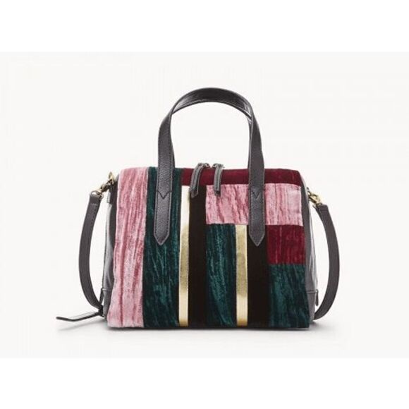 Fossil Sydney Satchel Velvet Patchwork Green Red Pink & Wallet NWT - Picture 10 of 12